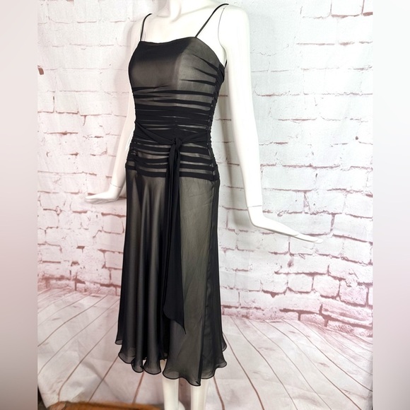 BELSOIE 4 Black Chiffon Sheer Panels Overlay Midi Evening Cocktail Dress Size 4 - Picture 3 of 15